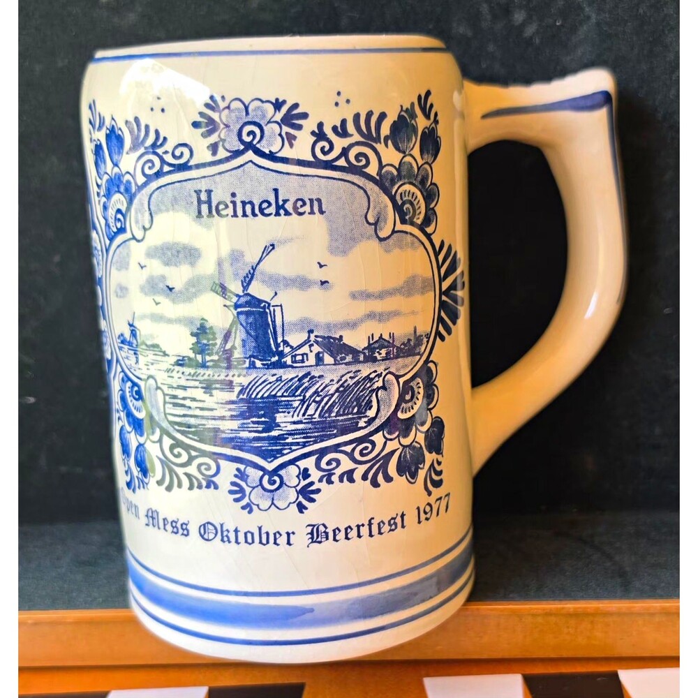 Heineken Hand Painted Delft Holland Blue & White Beer Mug, Oktober Beerfest 1977